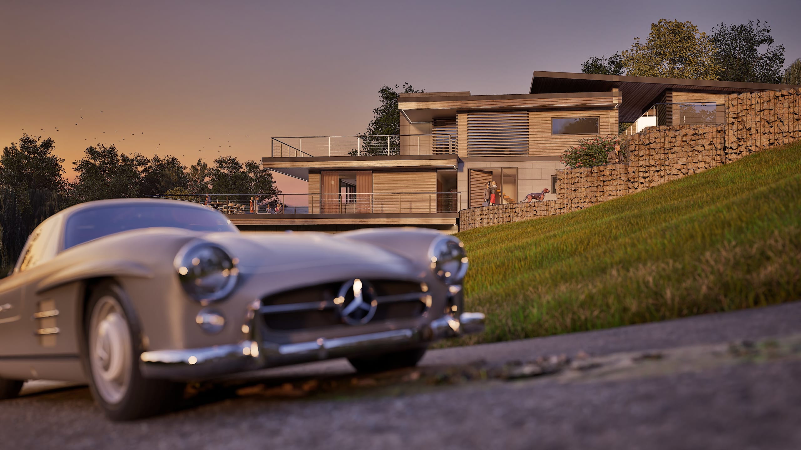 Classic silver Mercedes-Benz 300SL Gullwing parked before modern two-story hillside residence at sunset